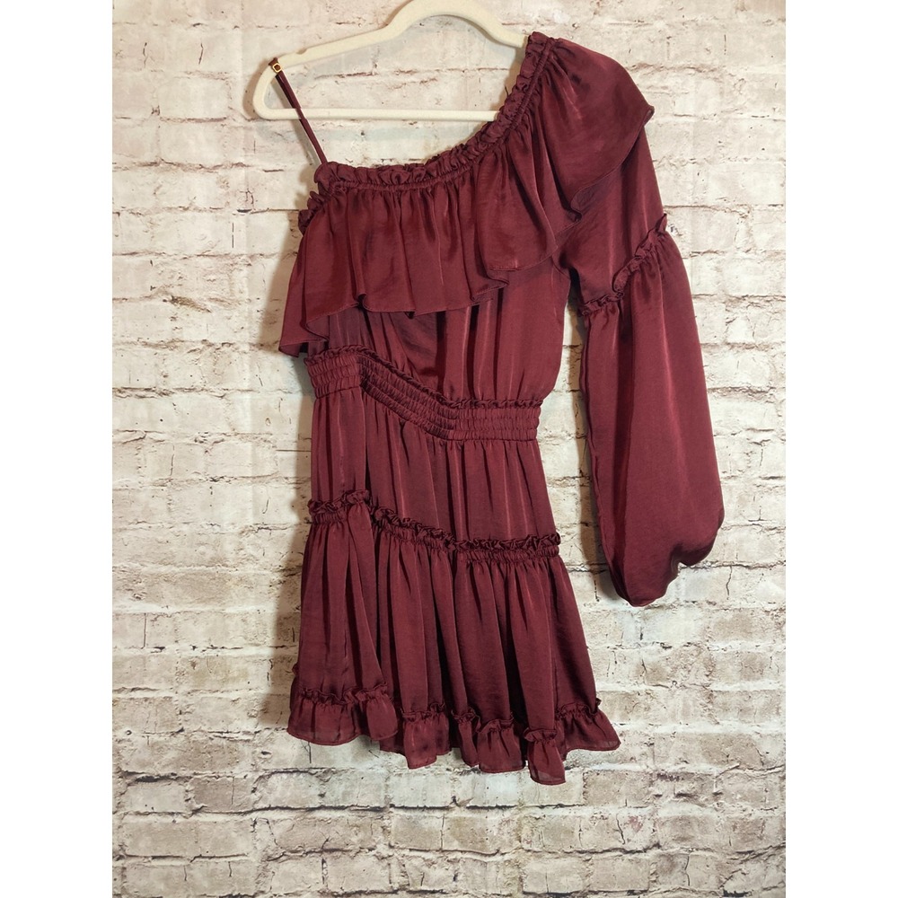 MISA Los Angeles One Shoulder Mini Dress Small Burgundy Satin Ruffle Tiered